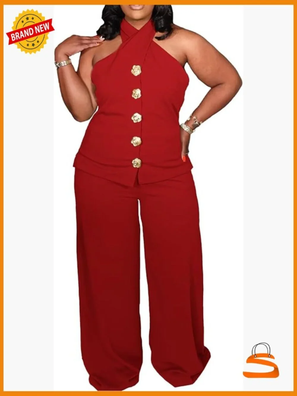 Plus Size Two Piece Suit Set Halter Vest Wide Leg Pants Business Casual